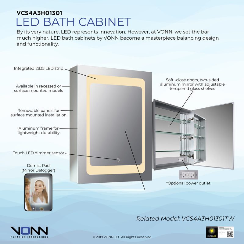 VONN VCS4A3H01301 Integrated LED Medicine Cabinet 19.5"W x 28"H x 5.3"D