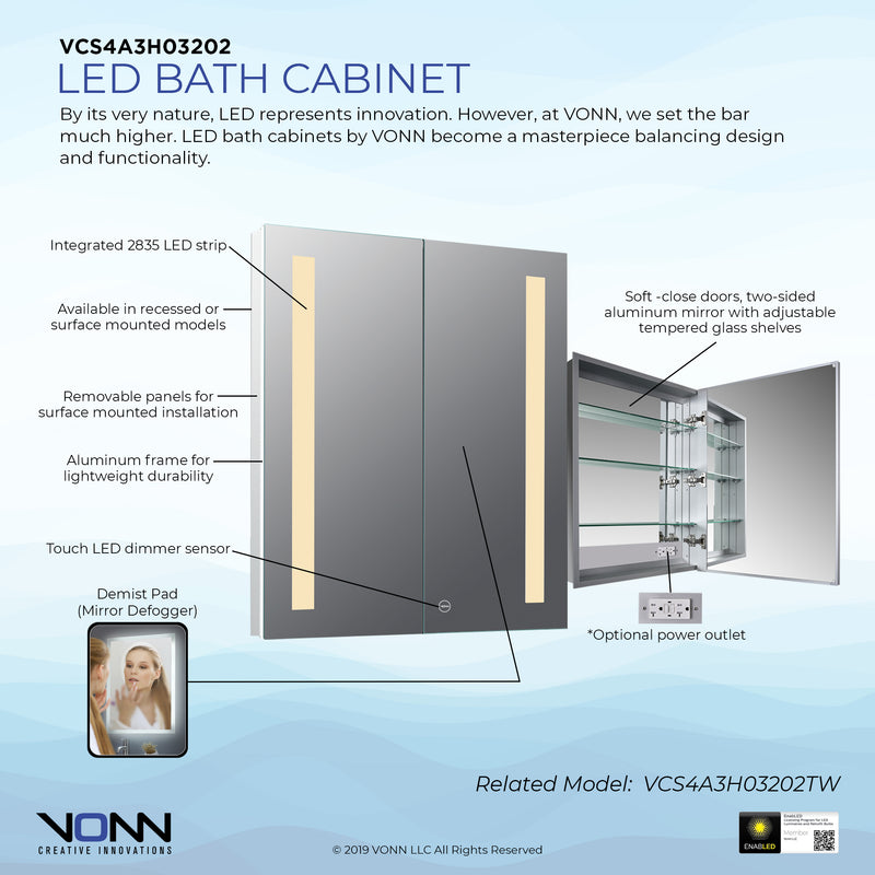 VONN VCS4A3H03202 Integrated LED Medicine Cabinet 24"W x 28"H x 4.75"D or 30"W x 28"H x 4.75"D