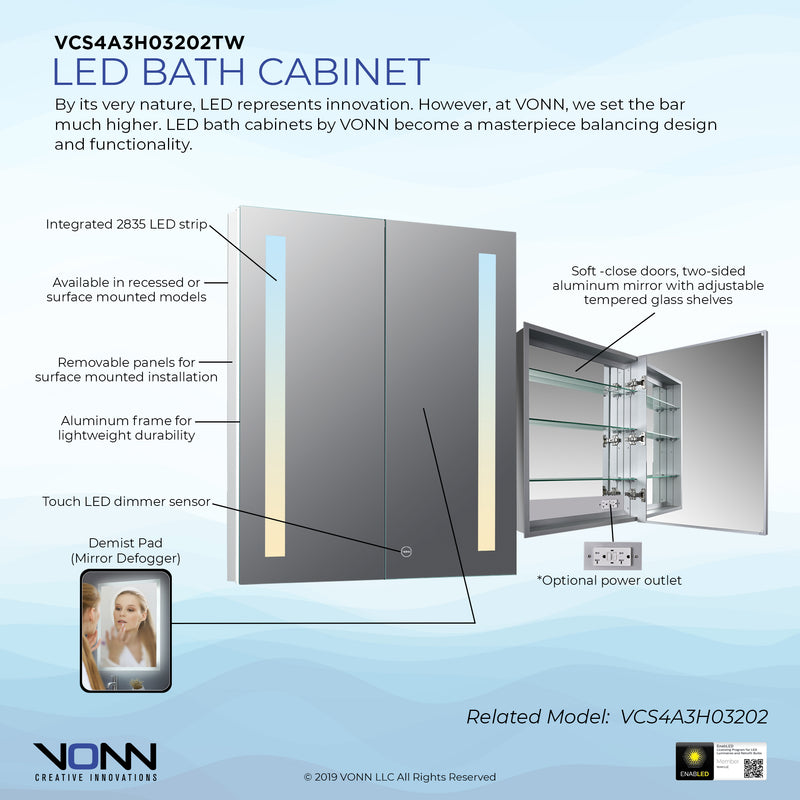 VONN VCS4A3H03202TW Tunable White Medicine Cabinet 24"W x 28"H x 4.75"D or 30"W x 28"H x 4.75"D