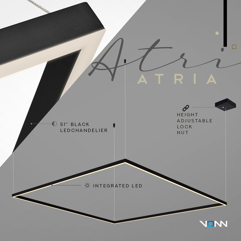 VONN Atria VMCP35551BL 51" Integrated LED ETL Certified Square Chandelier, Height Adjustable Square Pendant, Black