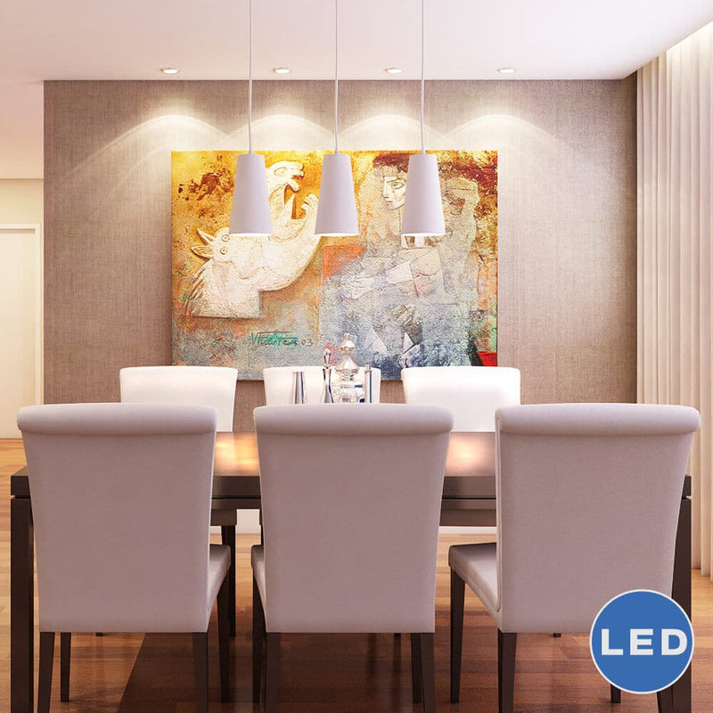 Gatria VMP21523WH 11" x 6" Triple LED ETL Certified Pendant with White Glass Shades, White