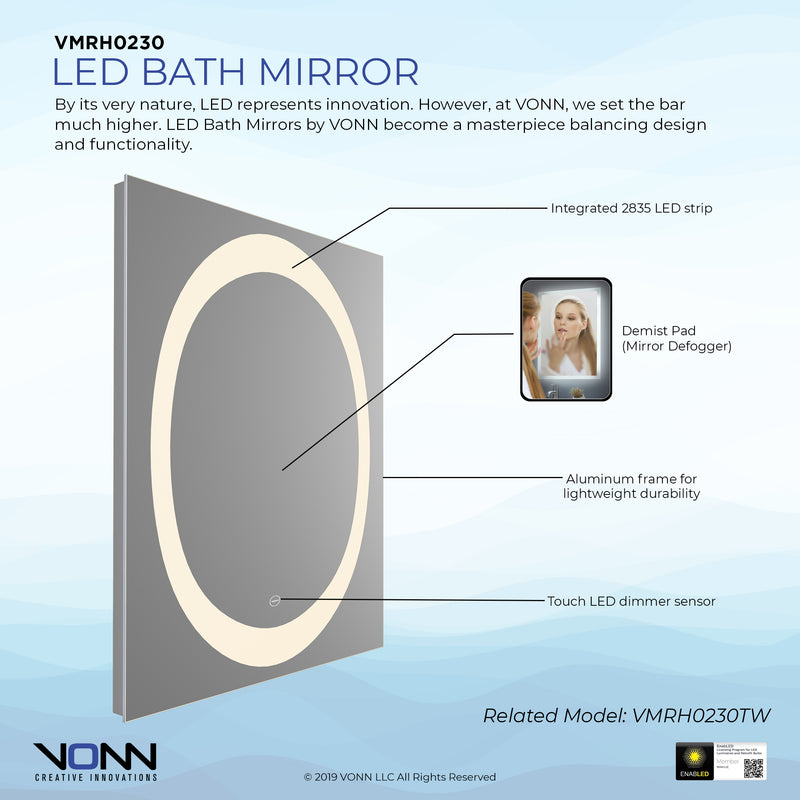 VONN VMRH0230 LED Bath Mirror in Silver, Rectangle 24"W x 30"H