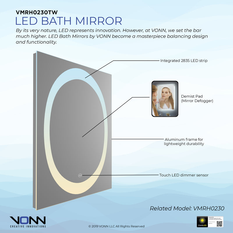 VONN VMRH0230TW Tunable White LED Bath Mirror in Silver, Rectangle 24"W x 30"H or 30"W x 36"H