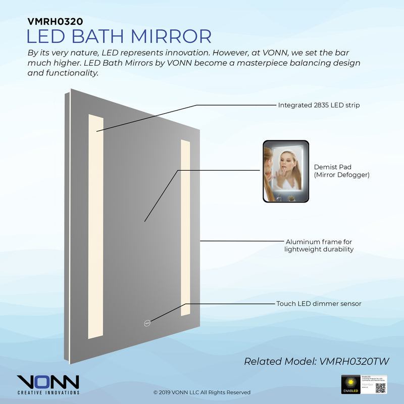 VONN VMRH0320 LED Bath Mirror in Silver, Rectangle 24"W x 30"H or 30"W x 36"H