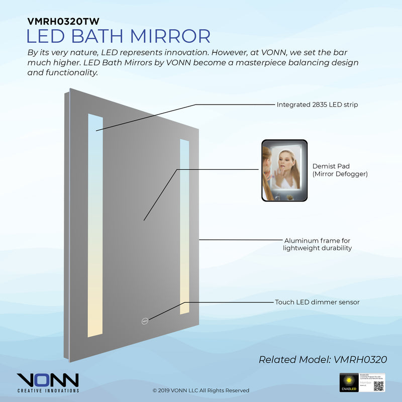 VONN VMRH0320TW Tunable White LED Bath Mirror in Silver, Rectangle 24"W x 30"H or 30"W x 36"H