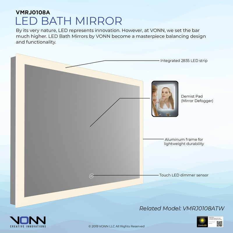 VONN VMRJ0108A LED Bath Mirror in Silver, Rectangle 36"W x 24"H