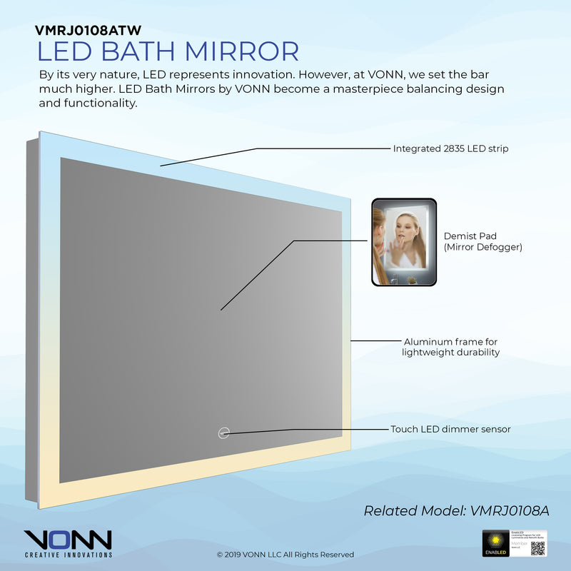 VONN VMRJ0108ATW Tunable White LED Bath Mirror in Silver, Rectangle 36"W x 24"H