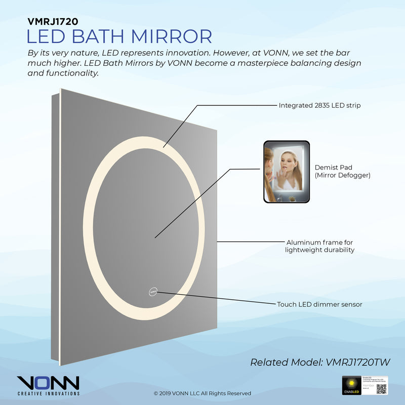 VONN VMRJ1720 LED Bath Miror in Silver, Square 30"W x 30"W