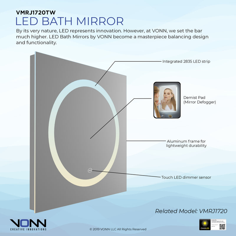 VONN VMRJ1720TW Tunable White LED Bath Mirror in Silver, Square 30"W x 30"H