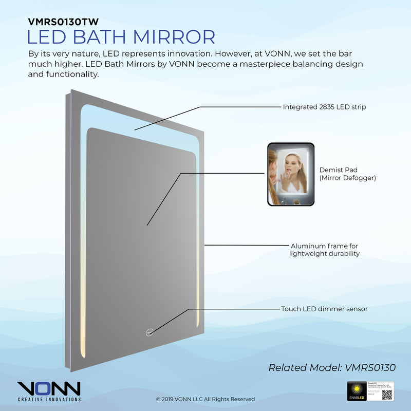 VONN VMRS0130TW Tunable White LED Bath Mirror in Silver, Rectangle 24"W x 30"H or 30"W x 36"H