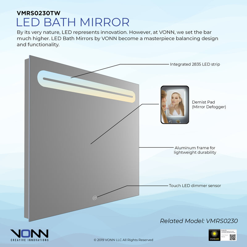 VONN VMRS0230 LED Bath Mirror in Silver, Rectangle 30"W x 24"H or 36"W x 30"H