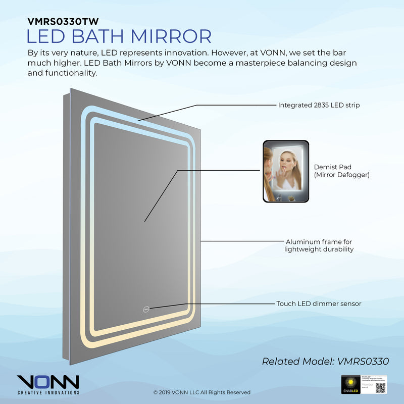 VONN VMRS0330 LED Bath Mirror in Silver, Rectangle 24"W x 30"H or 30"W x 36"H