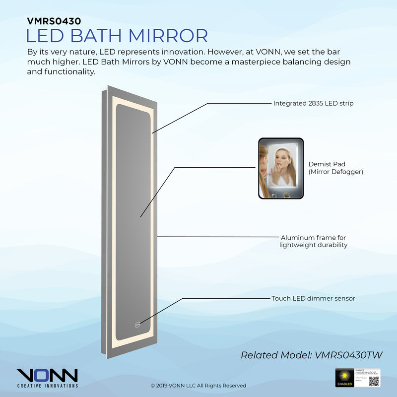 VONN VMRS0430 LED Bath Mirror in Silver, Rectangle 16"W x 55"H