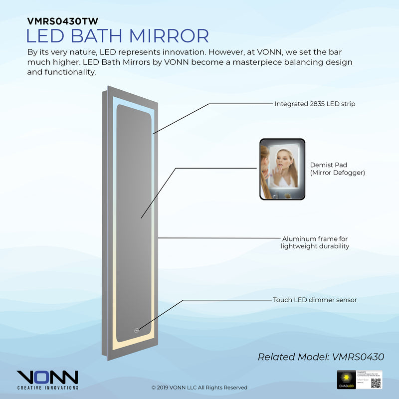 VONN VMRS0430 LED Bath Mirror in Silver, Rectangle 16"W x 55"H