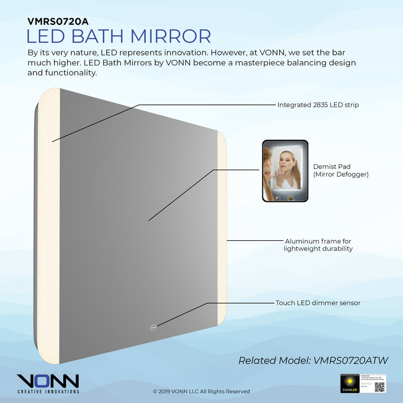 VONN VMRS0720A LED Bath Mirror in Silver, Rectangle 30"W x 24"H or 36"W x 30"H
