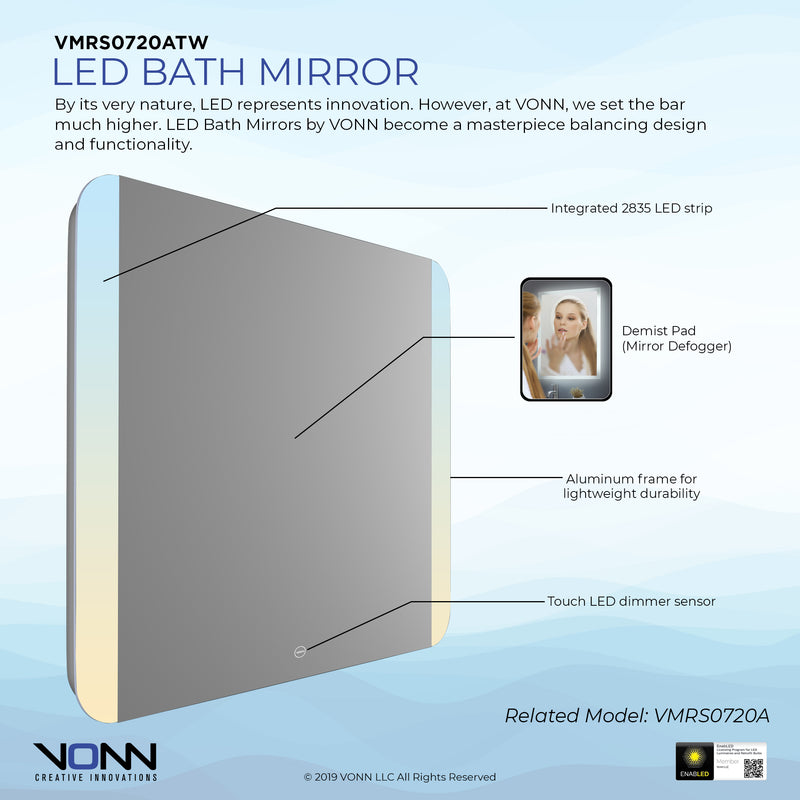 VONN VMRS0720A LED Bath Mirror in Silver, Rectangle 30"W x 24"H or 36"W x 30"H