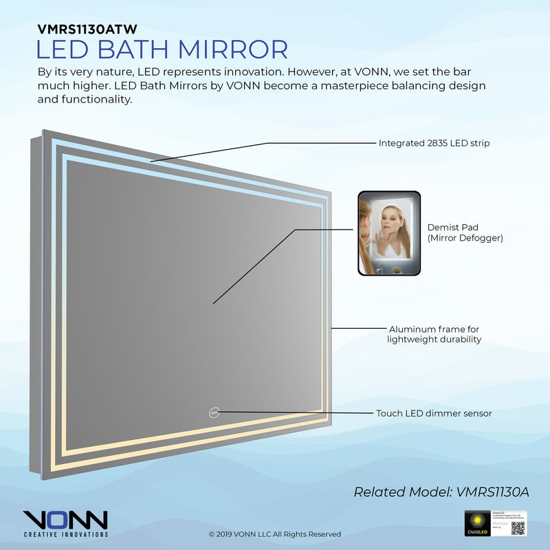 VONN VMRS1130A LED Bath Mirror in Sliver, Rectangle 36"w x 24"H