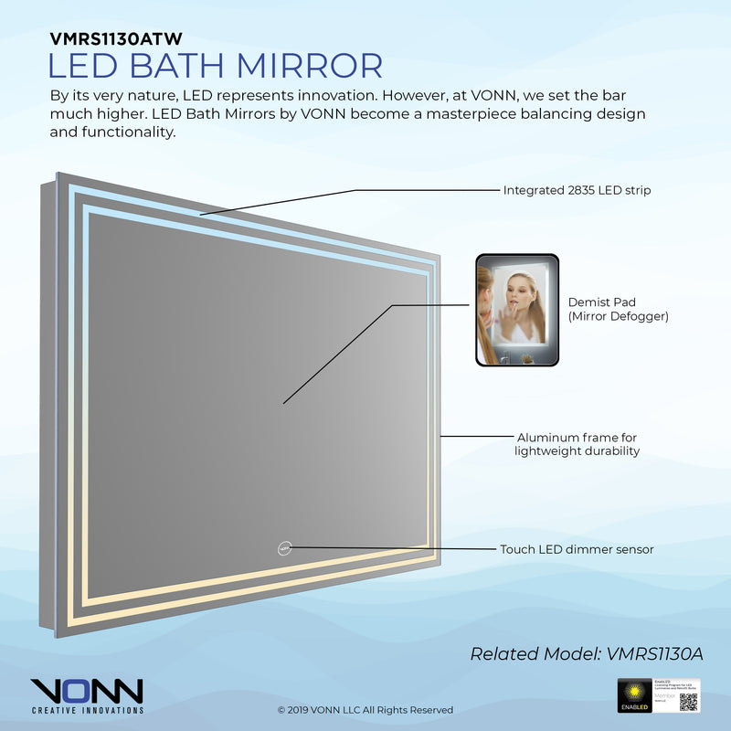 VONN VMRS1130ATW Tunable White LED Bath Mirror in Silver, Rectangle 36"W x 24"H