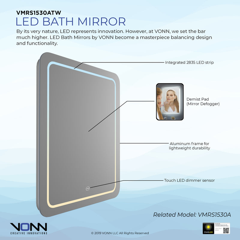VONN VMRS1530ATW Tunable White LED Bath Mirror in Silver, Rectangle 24"W x 30"H or 30"W x 36"H