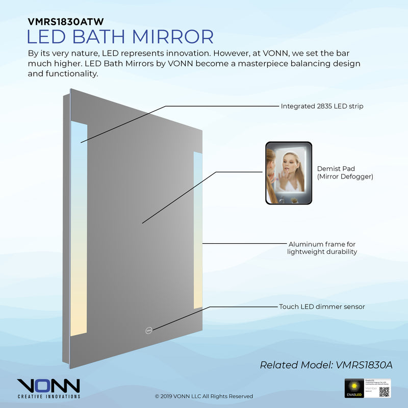 VONN VMRS1830ATW Tunable White LED Bath Mirror in Silver, Rectangle 24"W x 30"H or 30"W x 36"H