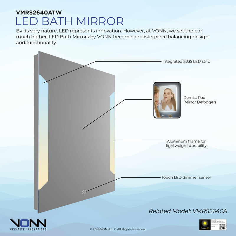 VONN VMRS2640ATW Tunable White LED Bath Mirror in Silver, Rectangle 24"W x 30"H or 30"W x 36"H