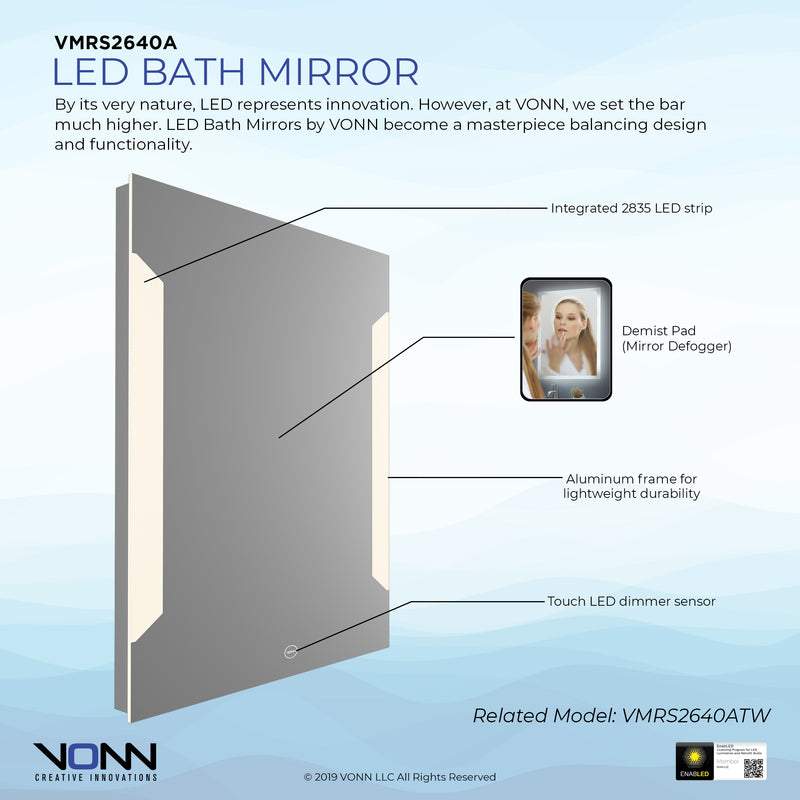 VONN VMRS2640A LED Bath Mirror in Silver, Rectangle 24"W x 30"H or 30"W x 36"H
