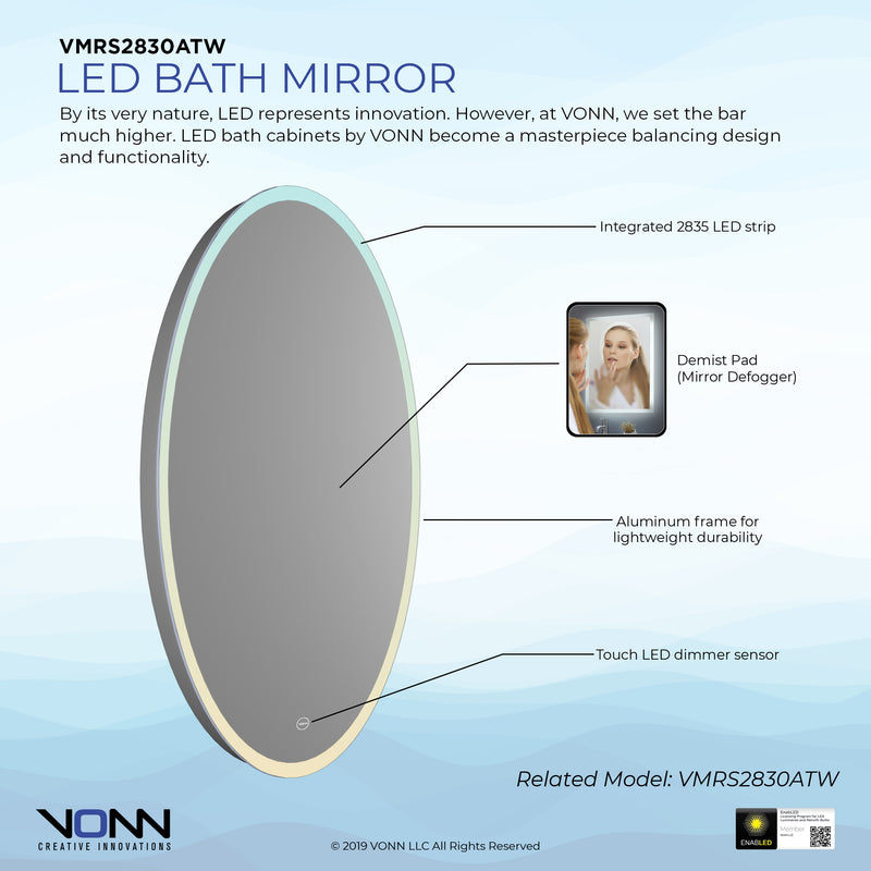 VONN VMRS2830A LED Bath Mirror in Silver, Oval 24"W x 30"H