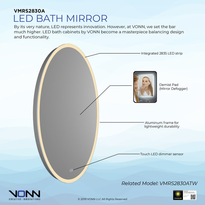 VONN VMRS2830A LED Bath Mirror in Silver, Oval 24"W x 30"H