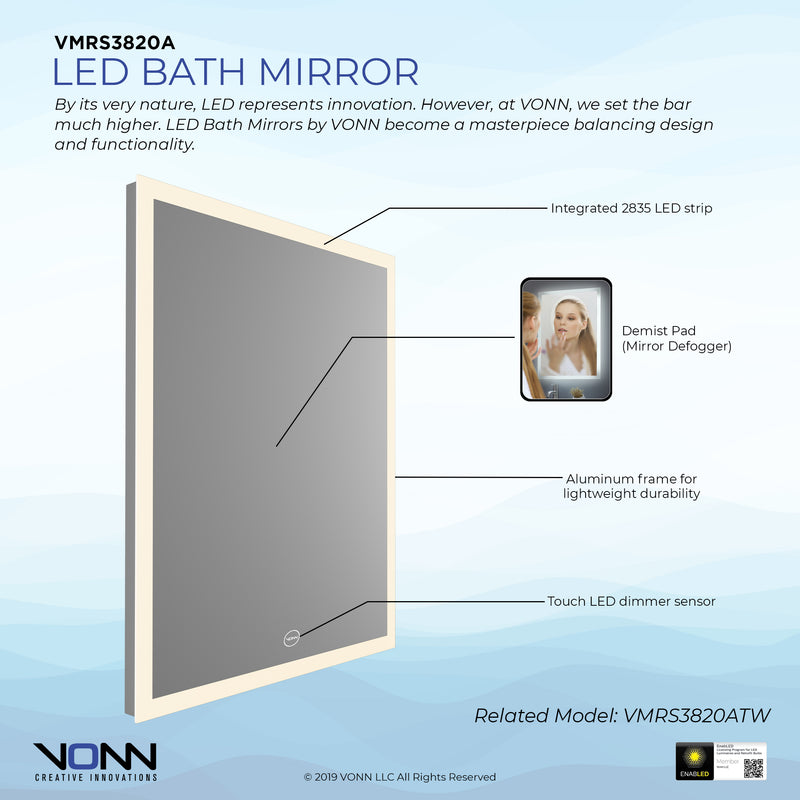 VONN VMRS3820A LED Bath Mirror in Silver, Rectangle 24"W x 30"H or 30"W x 36"H
