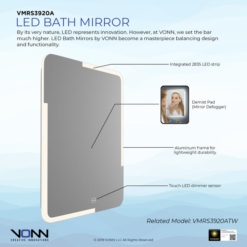 VONN VMRS3920A LED Bath Mirror in Silver, Rectangle 24"W x 30"H or 30"W x 36"H