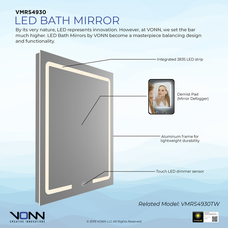 VONN VMRS4930 LED Bath Mirror in Silver, Rectangle 24"W x 30" or 30"W x 36"H