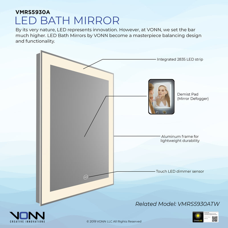VONN VMRS5930A LED Bath Mirror in Silver, Rectangle 24"W x 30"H or 30"W x 36"H
