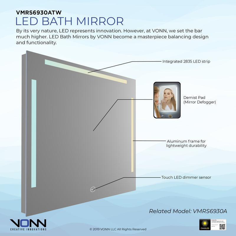 VONN VMRS6030ATW Tunable White LED Bath Mirror in Silver, Rectangle 30"W x 24"H or 36"W x 30"H
