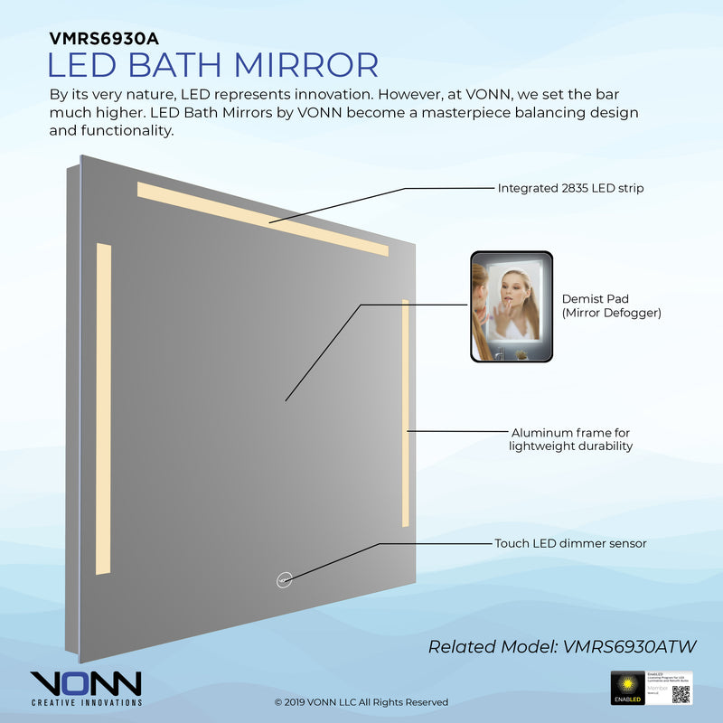 VONN VMRS6030A LED Bath Mirror in Silver, Rectangle 30"w x 24"H or 36"W x 30"H