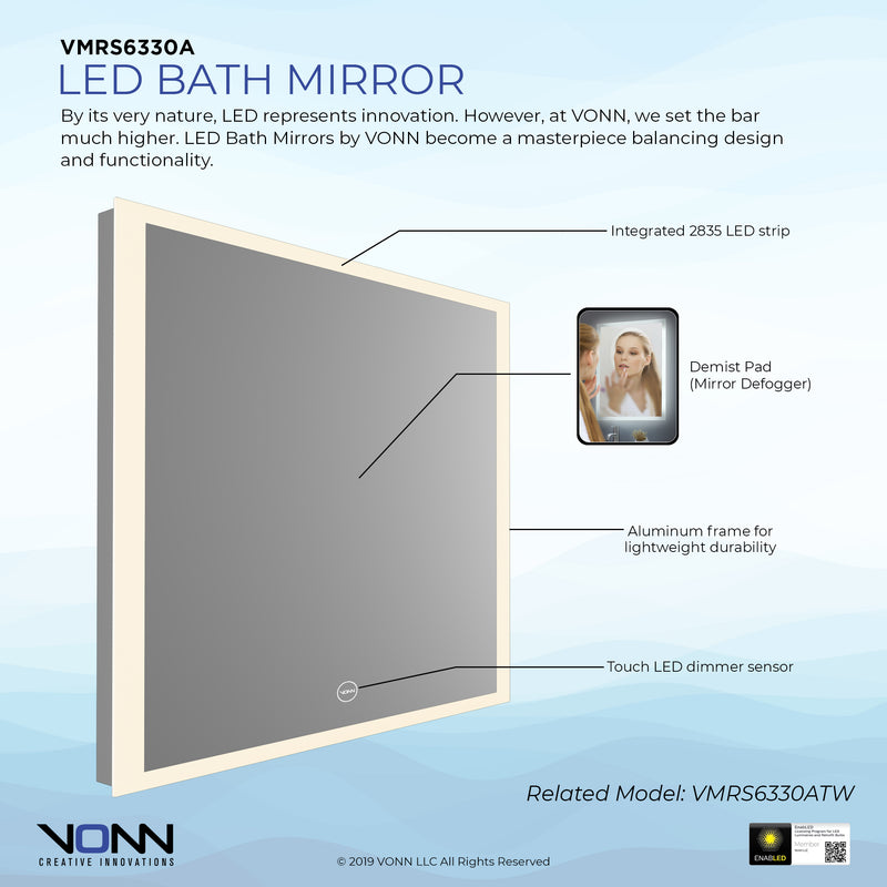 VONN VMRS6330A LED Bath Mirror in Silver, Rectangle 30"w x 24"H or 36"W x 30"H