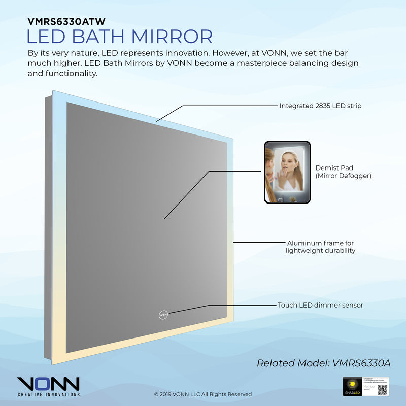 VONN VMRS6330A LED Bath Mirror in Silver, Rectangle 30"w x 24"H or 36"W x 30"H
