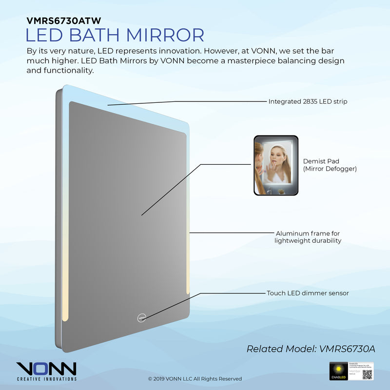 VONN VMRS6730ATW Tunable White LED Bath Mirror in Silver, Rectangle 24"W x 30"H or 30"W x 36"H