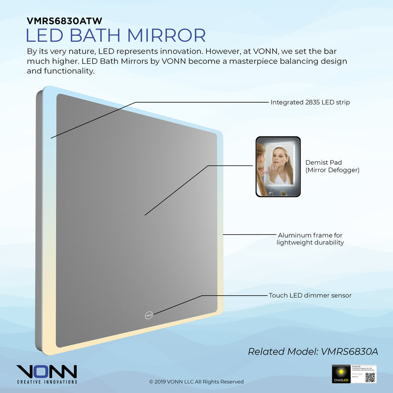 VONN VMRS6830A LED Bath Mirror in Silver, Rectangle 30"W x 24"H or 36"W x 30"H