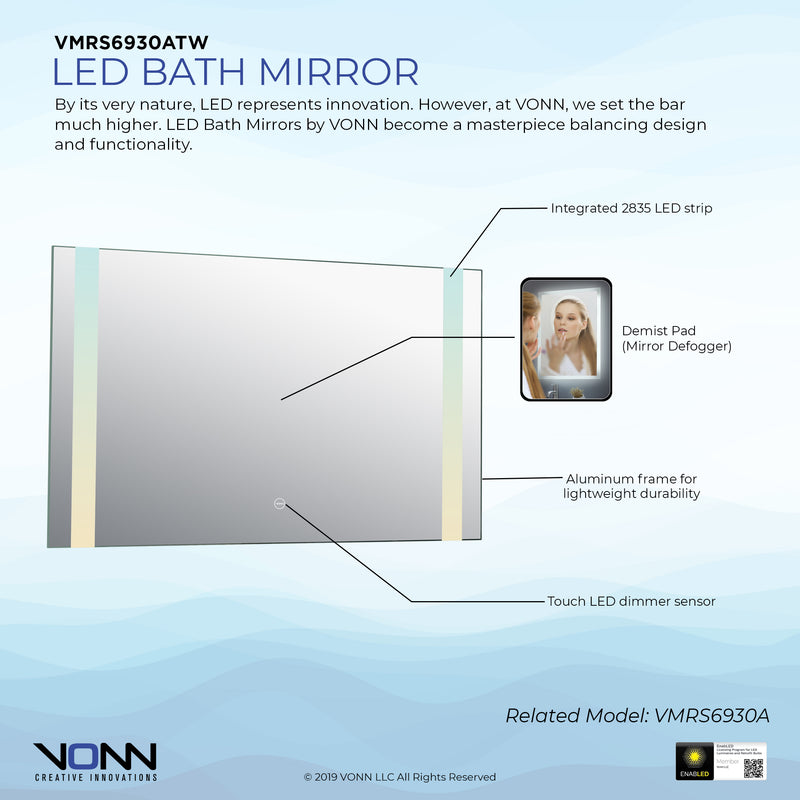 VONN VMRS6930A LED Bath Mirror in Silver, Rectangle 30"W x 24"H or 36"W x 30"H