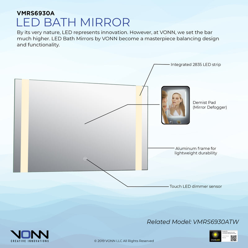 VONN VMRS6930A LED Bath Mirror in Silver, Rectangle 30"W x 24"H or 36"W x 30"H