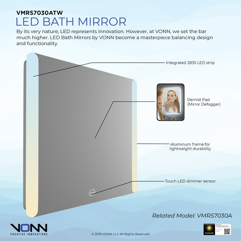 VONN VMRS7030ATW Tunable White LED Bath Mirror in Silver, Rectangle 30"W x 24"H or 36"W x 30"H