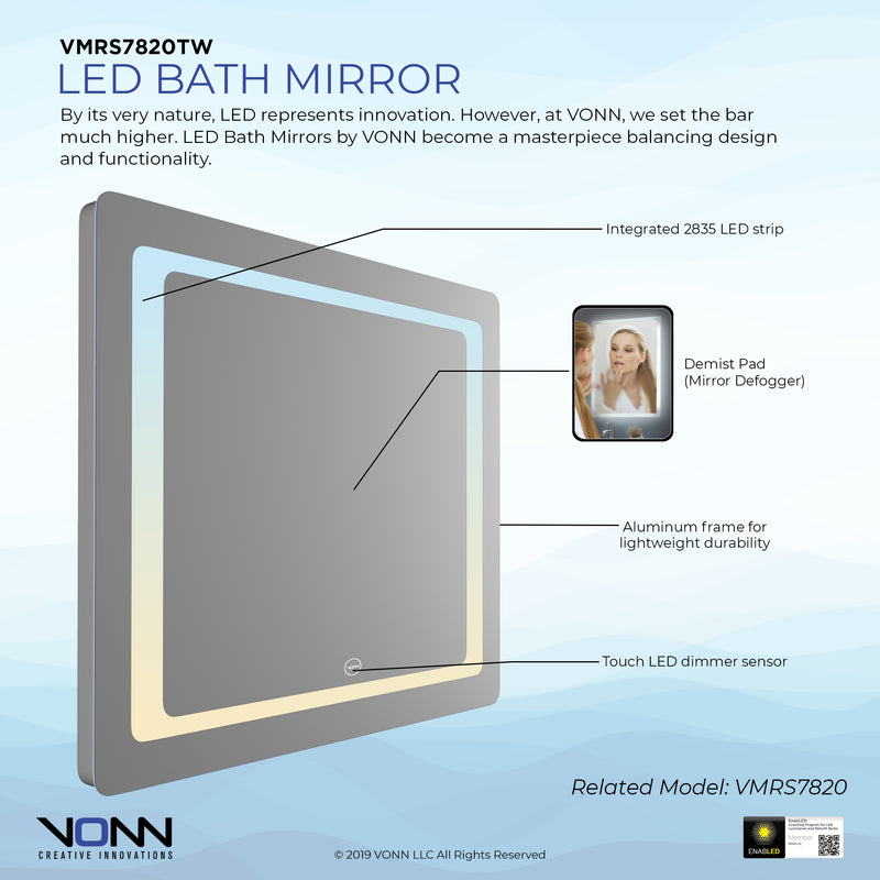 VONN VMRS7820TW Tunable White LED Bath Mirror in Silver, Rectangle 30"W x 24"H or 36"W x 30"H