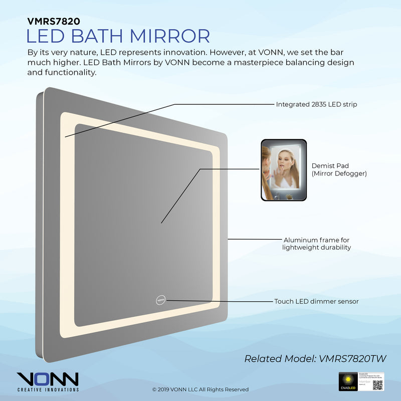 VONN VMRS7820 LED Bath Mirror in Silver, Rectangle 30"W x 24"H or 36"W x 30"H