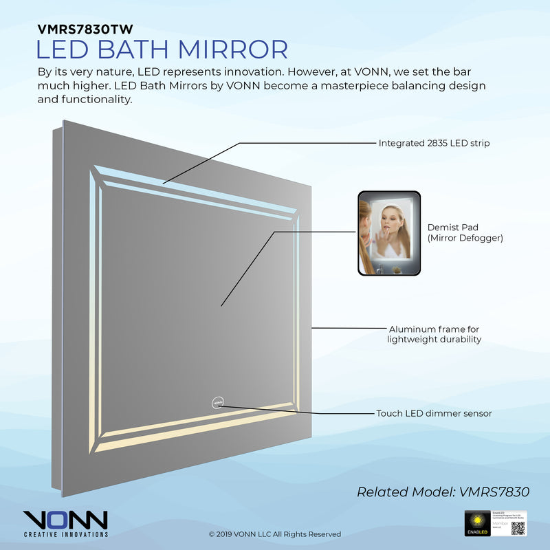 VONN VMRS7830TW Tunable White LED Bath Mirror in Silver, Rectangle 30"W x 24"H or 36"W x 30"H