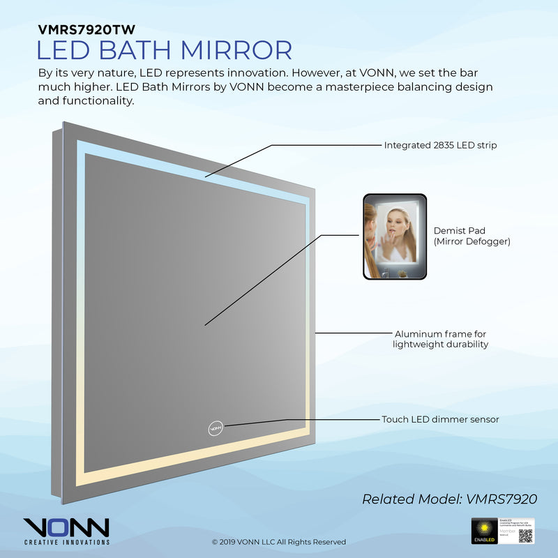 VONN VMRS7920TW Tunable White LED Bath Mirror in Silver, Rectangle 30"W x 24"H or 36"W x 30"H