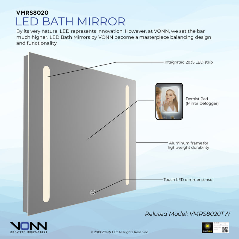 VONN VMRS8020 LED Bath Mirror in Silver, Rectangle 30"W x 24"H or 36"W x 30"H