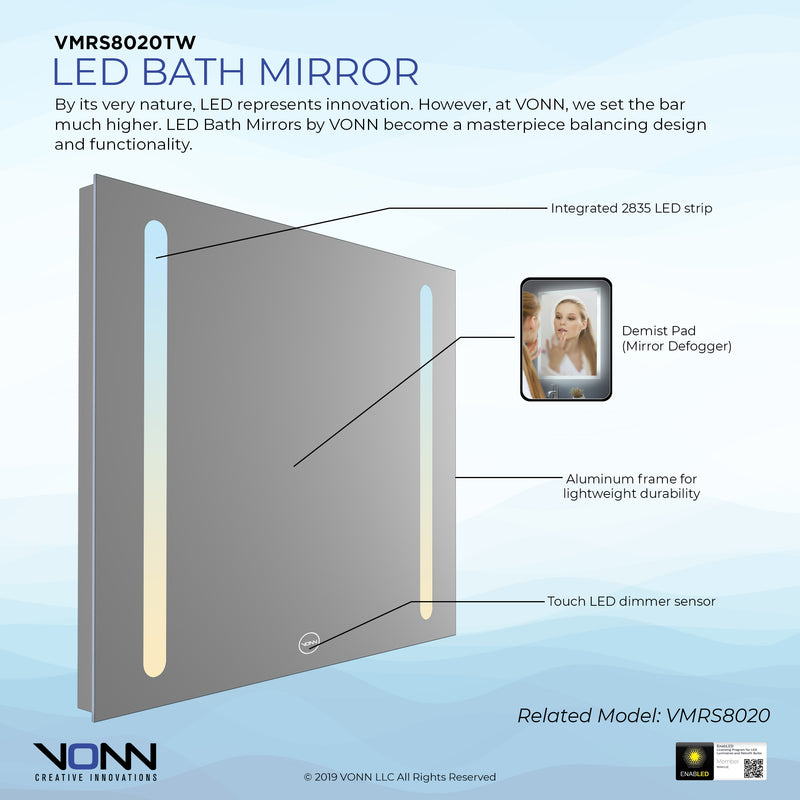 VONN VMRS8020TW Tunable White LED Bath Mirror in Silver, Rectangle 30"W x 24"H or 36"W x 30"H