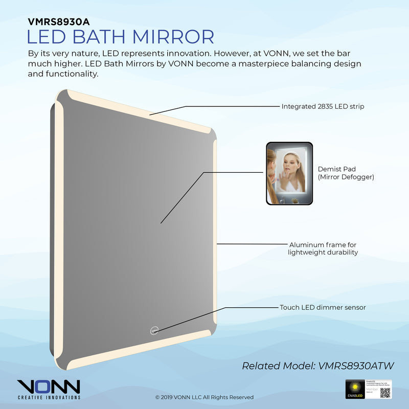 VONN VMRS8930A LED Bath Mirror in Silver, Square 30"W x 30"H