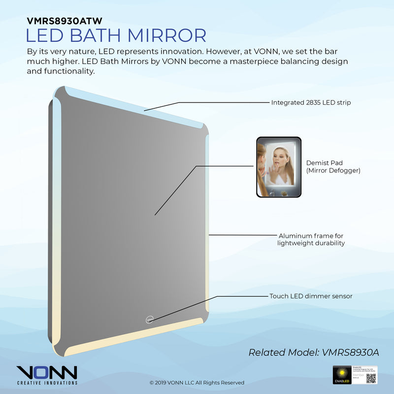 VONN VMRS8930ATW Tunable White LED Bath Mirror in Silver, Rectangle 30"W x 30"H