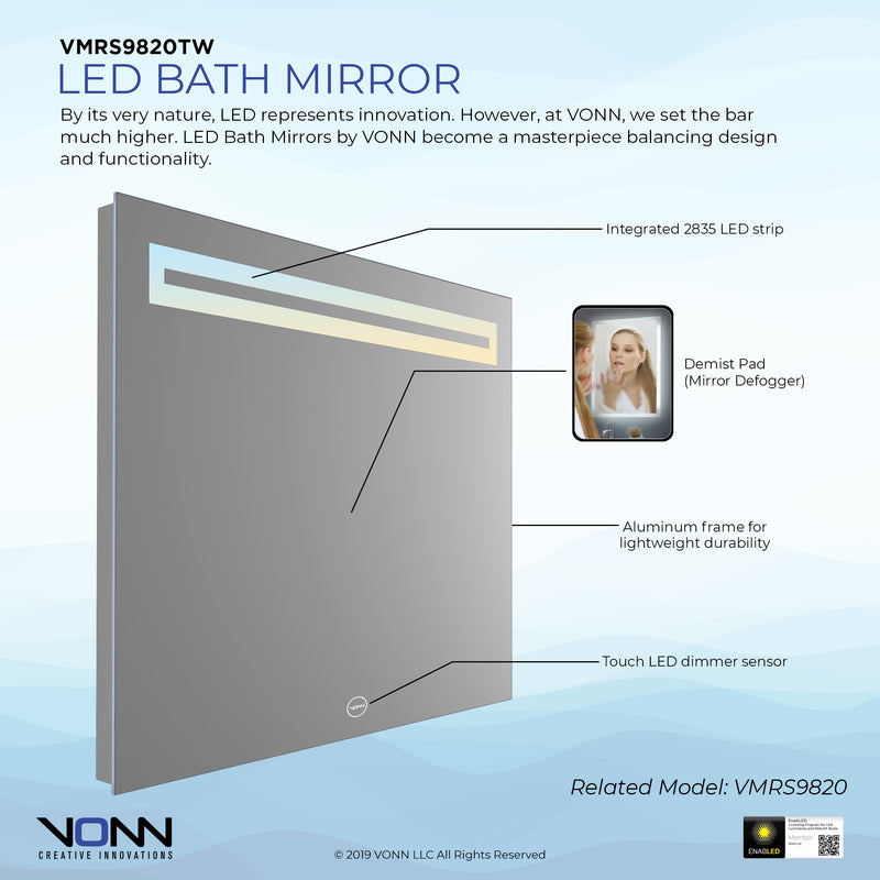 VONN VMRS9820TW Tunable White LED Bath Mirror in Silver, Rectangle 30"W x 24"H or 36"W x 30"H